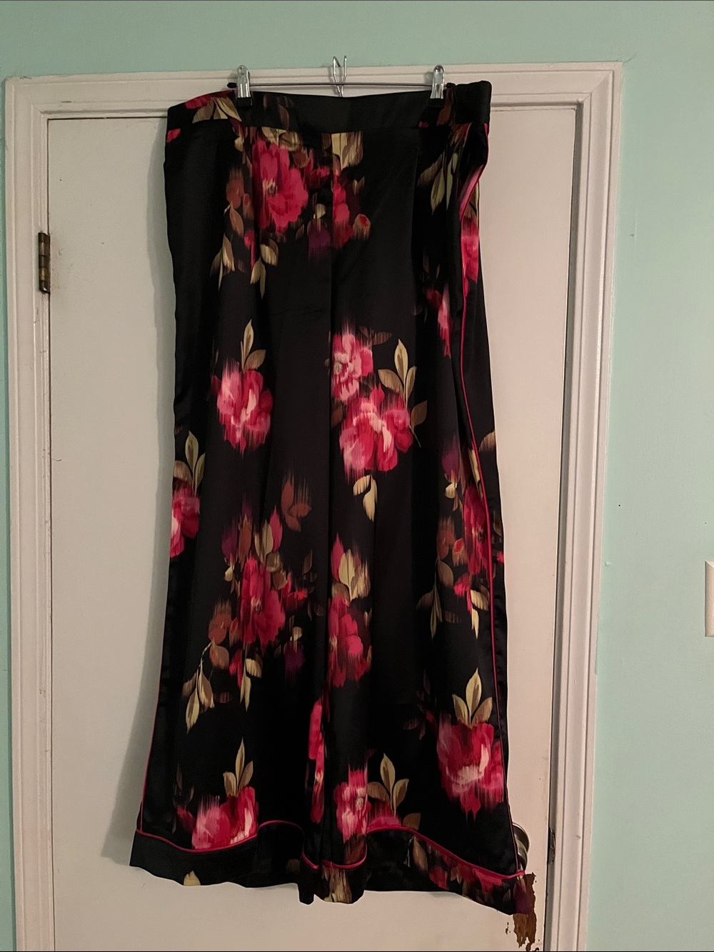 Black Boot Cut Pants with Pink Floral Print - Picture 1 of 1